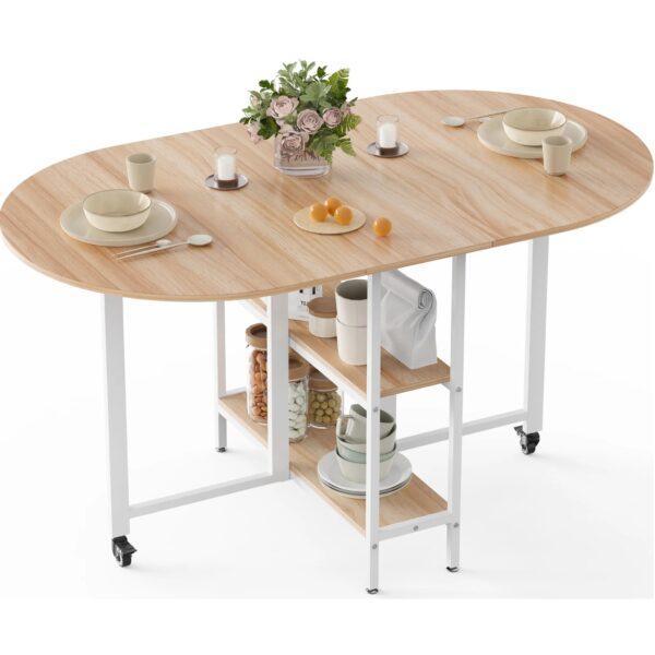 Mondeer Klappbarer Esstisch mit 2 Ablagen und Rollen 140 x 80 x 75 cm Eiche+Weiß